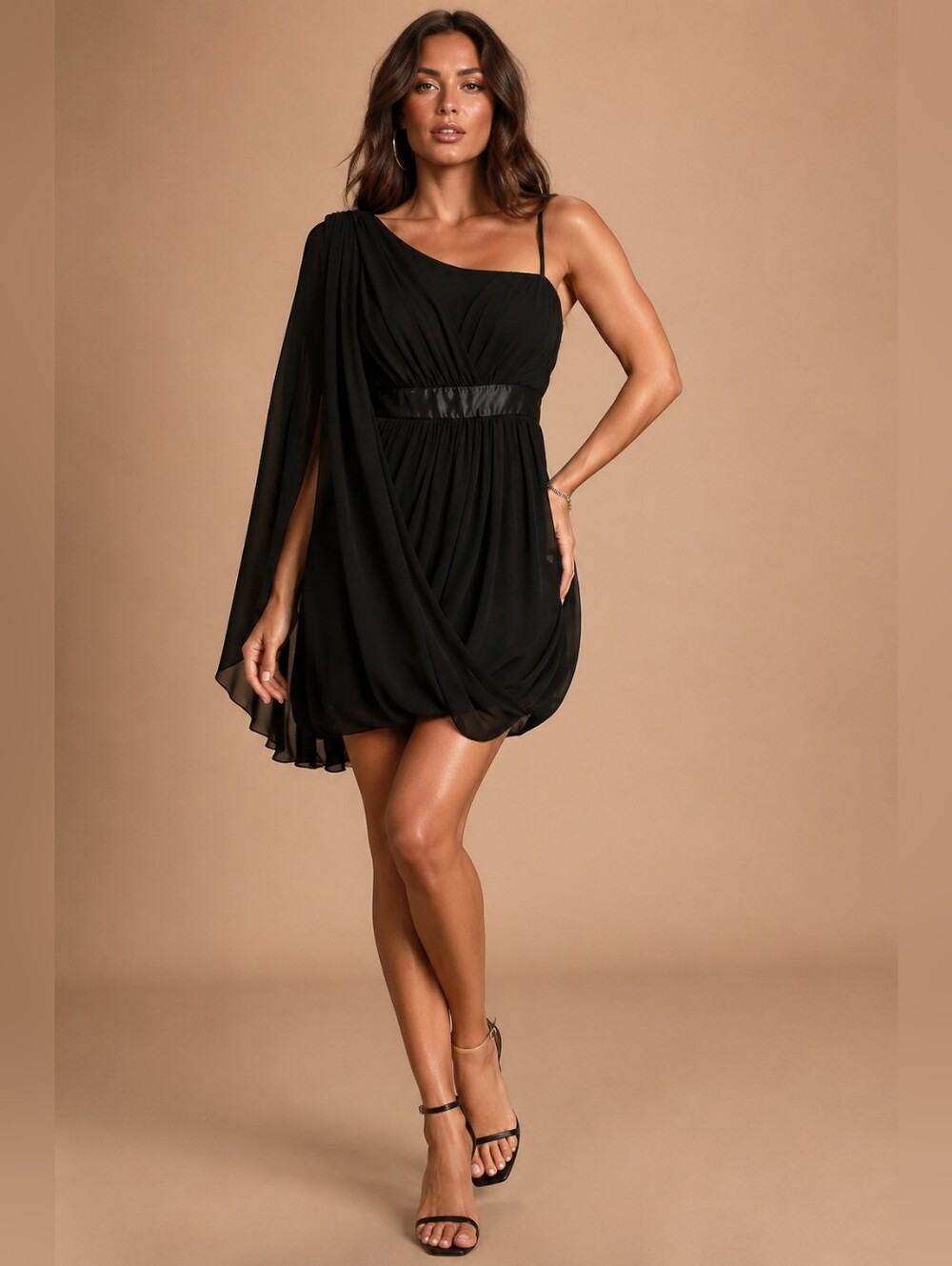 Aiden Mattox One Shoulder Chiffon Mini Dress Black Grecian Goddess Size 2